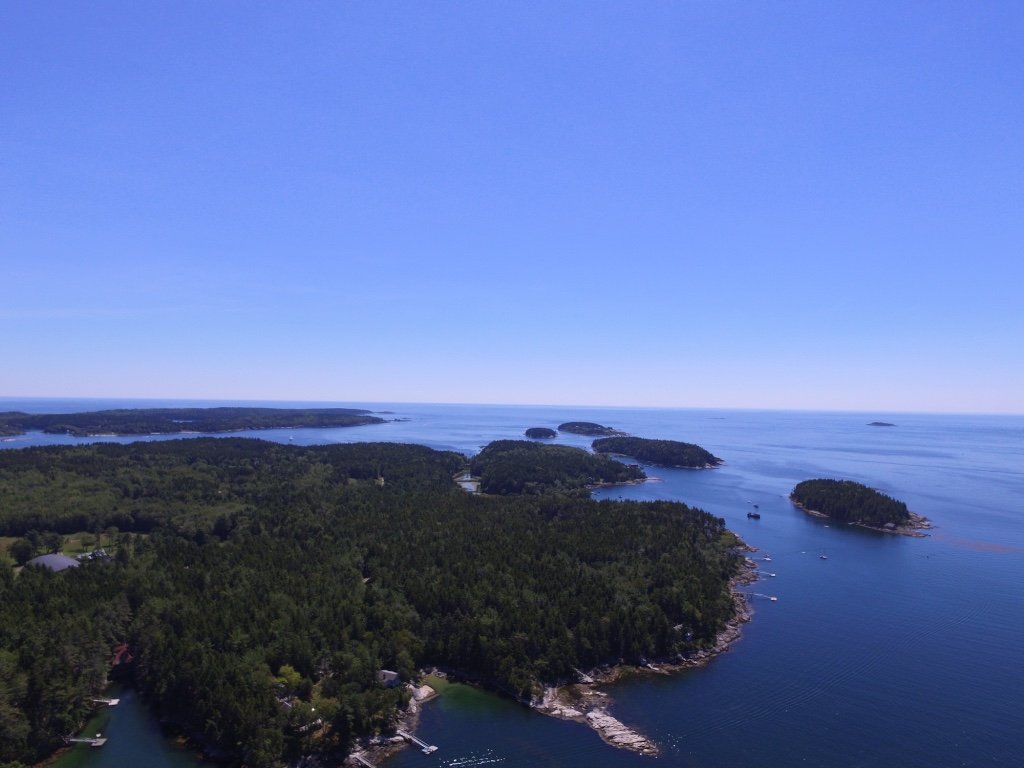 Aerial view south over Casco Bay, with Long Cove at lower left