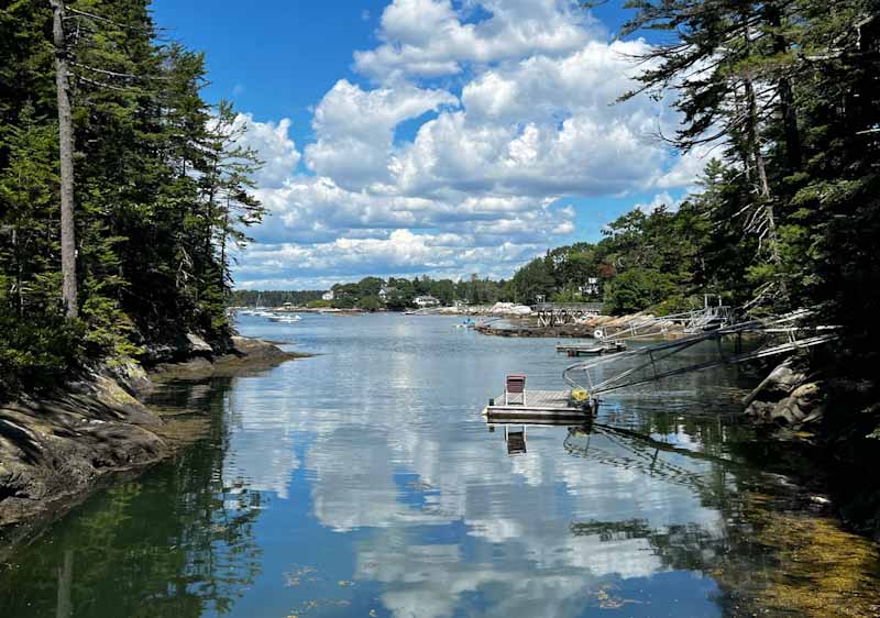 Long Cove on a clear day, with the float and Casco Bay beyond